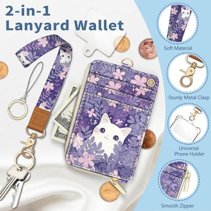 Lanyard Wallet with Id Badge Holder Cat Keychain for Card Women - color: Cat White