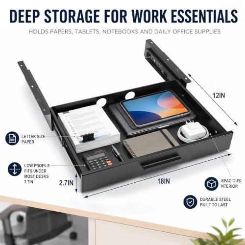 Menkxi 18 x 12 in Under Desk Drawer,Slide out Storage Organizer Heavy Duty - size: 18 x 12 in