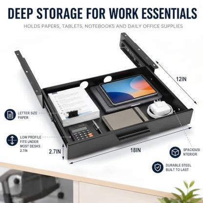 Menkxi 18 x 12 in Under Desk Drawer,Slide out Storage Organizer Heavy Duty - size: 18 x 12 in