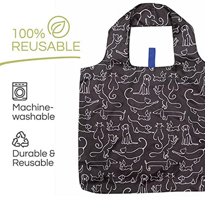 rockflowerpaper Reusable Grocery Bags - Washable, Foldable, Packable Tote, Large Handles, Heavy Duty, Zippered Top Pouch - color: Dog and Cat