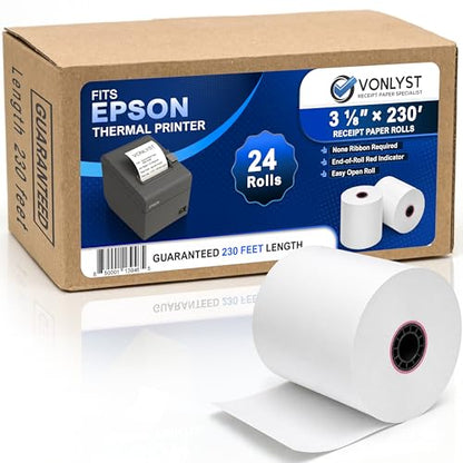 3 1/8 x 230 Thermal POS Rolls for Epson Printers, BPA Free Thermal Printing Compatible with TM-T88 TM-T70 TM-T80 TM-T85 TM-H6000 T90 Series, Credit Card Machine & POS Printer Supplies, Pack of 24 - size: 24 rolls