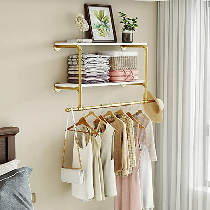 Gold Wall Mounted Clothes Rack with 2 Tier Shelves, 42" Long, Heavy Duty Iron and Wood Construction, Ideal for Clothes, Laundry Room - color: Gold, size: 42"L