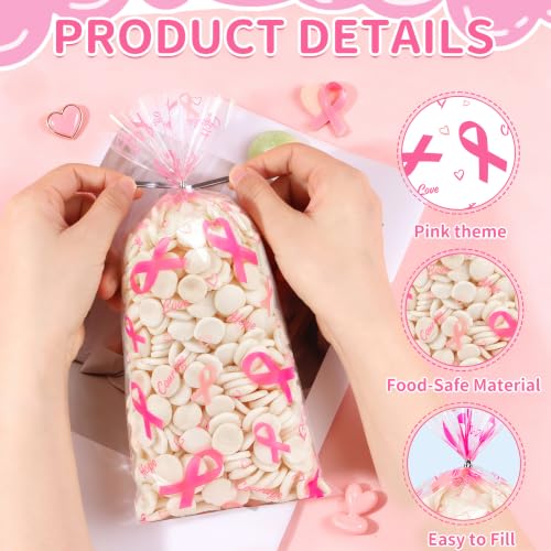 ZYLOP Breast Cancer Awareness Cellophane Bags, 50 Pcs 5x11 In Pink Ribbon Clear Treat Bags with 60 Pcs Silver Twist Ties, OPP Plastic Goody Gift Bags for Charity Fundraiser Events Party Favors - color: Pink 50pcs
