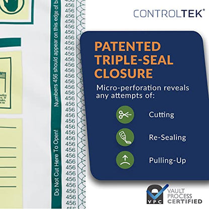 ControlTek SafeLok Tamper-Evident Deposit Bags, 12" x 16", White, 50 Bags