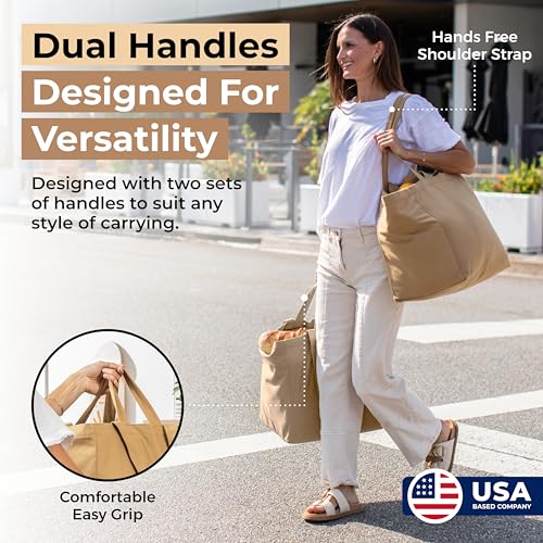 VeraMia Canvas Grocery Bag 3pc XL Set with Real Pockets, Long Shoulder Strap and Short Handle. Heavy Duty, Foldable, Washable - color: Paper Bag