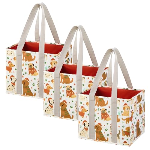 VENO 3 Pack Heavy Duty Reusable Grocery Shopping Bags Utility Tote - color: Holiday Pups, size: 3 Pack - 6 Gallon