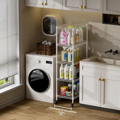 SINGAYE 5 Shelves Storage Shelf Wire Shelving Unit Metal Adjustable Wheels - color: White, size: 5Tier/11.5"D X 17.5"W X 57"H