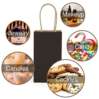Poever Small Kraft Paper Bags 25 Pack Mini Black Paper Bags 3.5x2.4x6.7 Small Gift Bags with Handles Bulk for Party Favor Business - color: Black