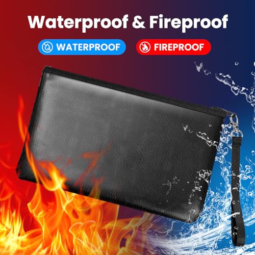 Quctak 6400°F Fireproof Money Bag 2pcs, Fireproof Document Bags, Bank Cash Bag with Zipper & Strap, Suitable for A5 Documents, Bank Inventory, Passport (Black)