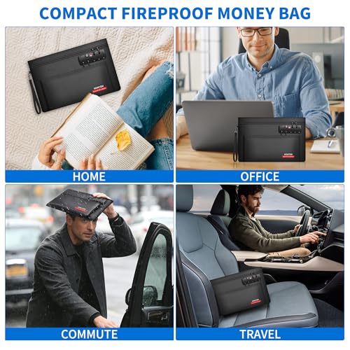 Hontom Double Layer Fireproof Money Bag for Cash with Lock & Hidden Zipper - color: Black