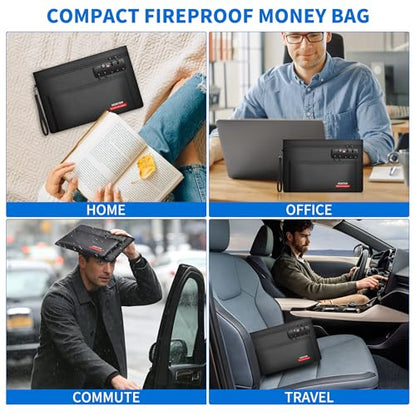 Hontom Double Layer Fireproof Money Bag for Cash with Lock & Hidden Zipper - color: Black