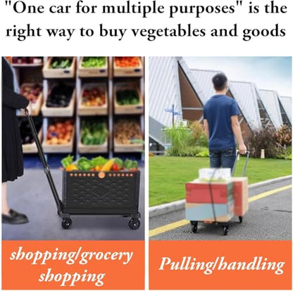 Foldable Utility Cart Collapsible Crate Rolling Carts with Wheels, Hand Truck Storage Box with Telescoping Handle, Folding Shopping cart with Wheels for Office Shopping Camping Travel Moving