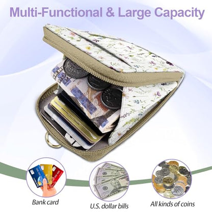 Floral ID Badge Holder & Lanyard Wallet, Cute RFID Women ID Badge Wallet for Women, Credit Card Holders with Zipper Pocket Keychain Phone Lanyard Wrist Strap for Teacher Nurse Gifts - color: White Flowers Leaves