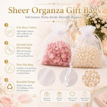 Sukh 100pcs Organza Bags 5''x7'' - White Mesh Drawstring Gift Bags - color: White, size: 100 Count (5 x 7 Inches)