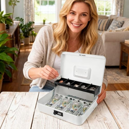 Jssmst Metal Cash Box with Money Tray and Lock, Portable Cash Drawer, 11.8" - color: White Code-A