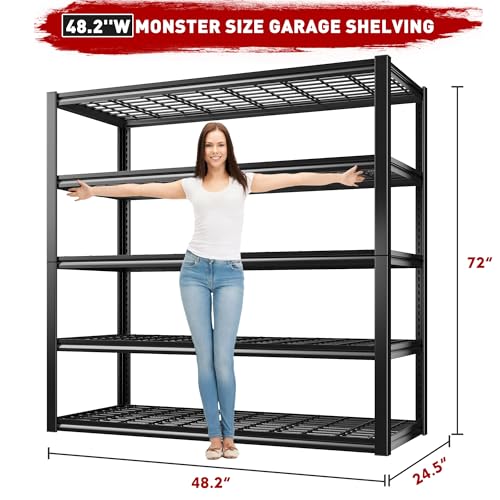 REIBII 48.2" W Storage Shelves for Garage, Adjustable Garage Shelving - size: 5-Tier, 48.2"W x 24.5"D x 72"H