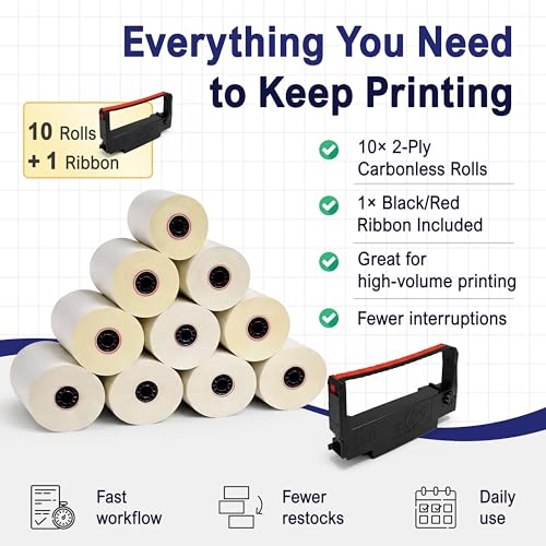 2-Ply Carbonless Receipt Paper Rolls 3" x 95' White/Canary – Compatible with Epson ERC-30 / ERC-34 / ERC-38 – 10 Rolls + 1 Replacement Printer Ribbon by Vonlyst