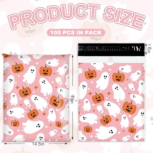 JarThenaAMCS 100Pcs Halloween Poly Mailers 14.5 x 19 Inch Pink Ghost Pumpkin Packaging Bags Large Self Seal Mailing Envelope Bags for Small Business Clothing Gift - size: 14.5 x 19 Inch