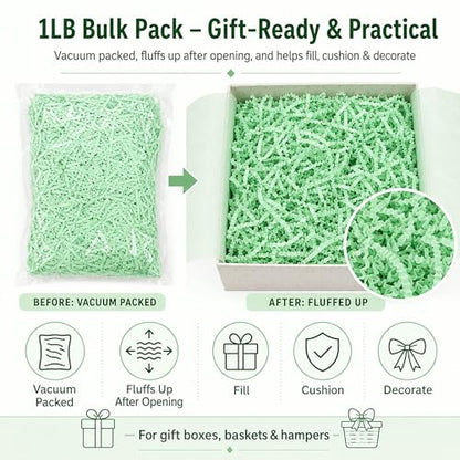 STRBOXONG Light Green Crinkle Paper Filler 1 LB, Recyclable Crinkle Cut Paper Shred for Easter Baskets, Spring Gifts, Floral Gift Boxes, Baby Shower Favors, Natural Style and Craft Packaging - color: Light Green