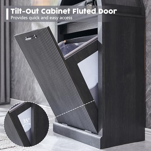 IFGET Arched Tilt-Out Trash Can Cabinet, Fluted 10 Gallon Trash Can with Open Shelf, Modern Laundry Hamper Cabinet, Hidden Garbage Can with Storage Basket for Kitchen, Living Room, Dark Grey - color: Dark Grey