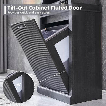 IFGET Arched Tilt-Out Trash Can Cabinet, Fluted 10 Gallon Trash Can with Open Shelf, Modern Laundry Hamper Cabinet, Hidden Garbage Can with Storage Basket for Kitchen, Living Room, Dark Grey - color: Dark Grey