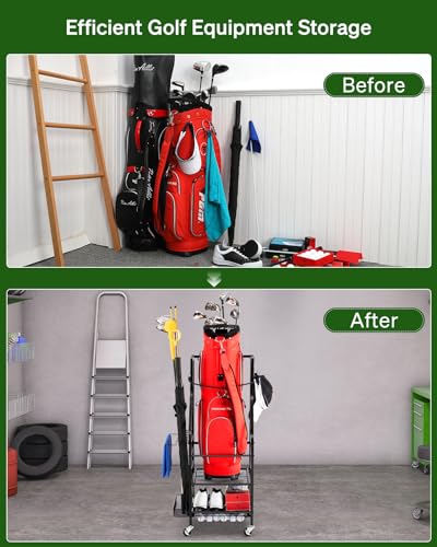 FHXZH Golf Bag Storage Garage Organizer - Golf Bag Stand with Wheels - color: Black - With Bottom Drawer Basket