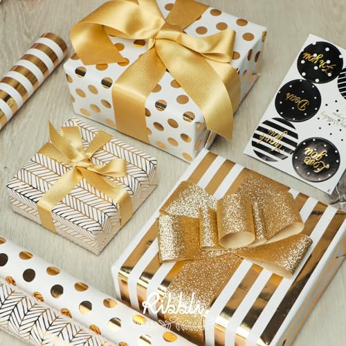Ribbli Birthday Wrapping Paper White and Gold Gift Wrapping Paper for Christmas Mini Roll, 3 Rolls Polka Dots Stripes Geometry Pattern with Gold Foil - 17 inch x 120 inch(10feet) Per Roll - color: White/Gold