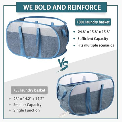 100L Collapsible Laundry Baskets, Tear Proof Pop Up Laundry Hamper with Dual Handles, Large Foldable Laundry Basket, Easy to Carry Laundry Hamper for Home, Laundry Room, Bedroom, Dorm, Travel Blue - color: 100L-1x-Blue