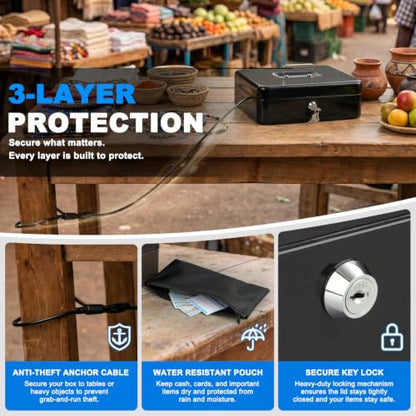 KYODOLED Metal Cash Box with Key Lock, Anti-Theft Cable & Waterproof Pouch - color: Black-Cable