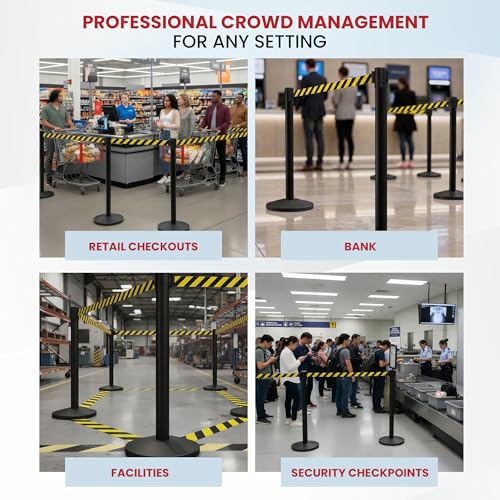 Crowd Control Warehouse 2-Pack Retractable Belt Stanchions, Black/Yellow - color: Black/Yellow Belt with Black Post