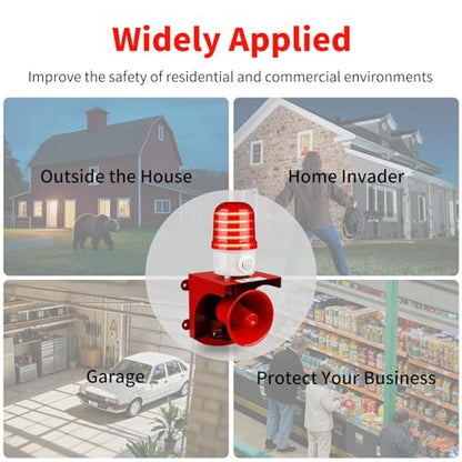 AC110V Motion Sensor Alarm with Human Detection, 120dB Adjustable Siren & Red LED Strobe Lights Outdoor Security Alarm for Home Theft, Animal Intrusion, Garden Protection, Property Protection