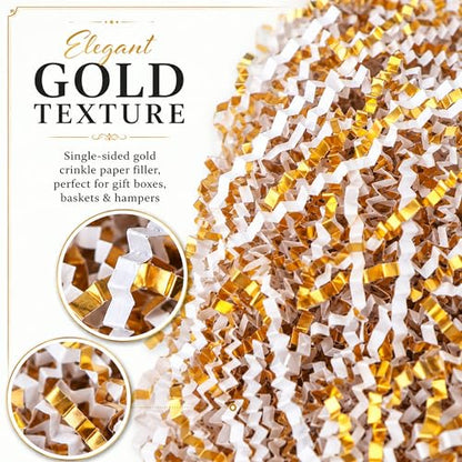 STRBOXONG White & Gold Crinkle Paper Filler 1 LB, Recyclable Crinkle Cut Paper Shred for Gift Baskets, Holiday Gift Boxes, Gift Bags, Party Favors, Wedding Favors and Retail Displays - color: White & Gold