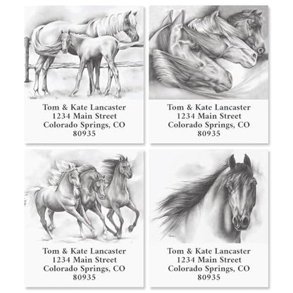 Black and White Horse Square Return Address Labels (4 Designs) - Set of 144 1-1/8" x 2-1/4" Self-Adhesive, Flat-Sheet Label - style: Black & White