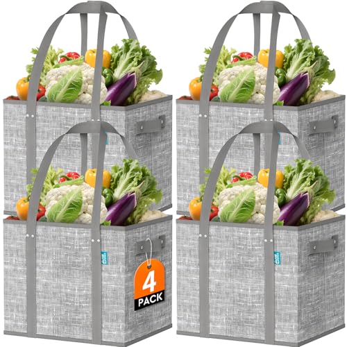 Fab totes Reusable Grocery Bags, Large Foldable Shopping Tote Bags with Reinforced Handles & Hard Bottom,4 Pack, Grey - color: Grey, size: 4 PCS