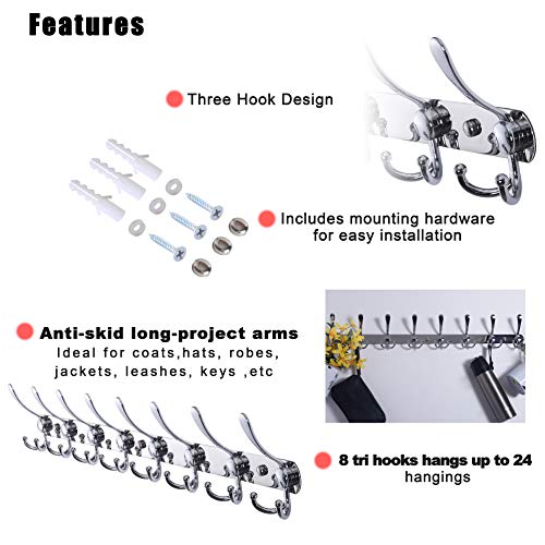 Dseap Coat Rack Wall Mount - 29.5” Long 8-Tri-Hooks Heavy Duty Coat Hanger Rail Wall Hooks for Hanging Coats Hats Clothing Clothes Purse Mudroom Entryway, Chromed - color: Chrome Finish, size: L=29.5” (1 Pcs)