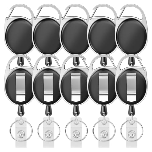 moeverEX Retractable Badge Holder with Carabiner Reel Clip and Key Ring - size: Black-10pcs