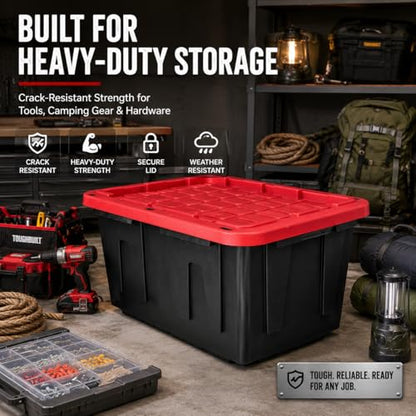 27 Gallon Heavy Duty Storage Tote with Lid, Stackable & Nestable Plastic Storage Bin for Garage, Large Tote Box Organizing Container, Black Red (2) - size: 2