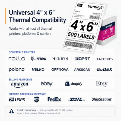 4x6 Thermal Labels 500 Fanfold - Rollo Zebra MUNBYN, Strong Adhesive - size: 4x6 - 1 Stack | 500 Labels
