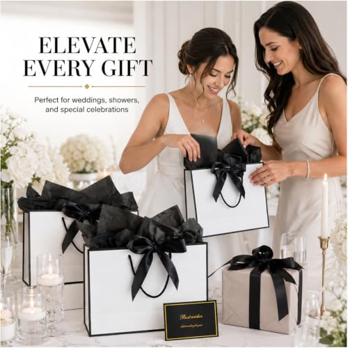 15 Pack White Gift Bags Set with Tissue Paper Ribbon Card for Wedding Party - color: White,Black