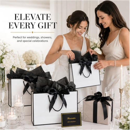 15 Pack White Gift Bags Set with Tissue Paper Ribbon Card for Wedding Party - color: White,Black