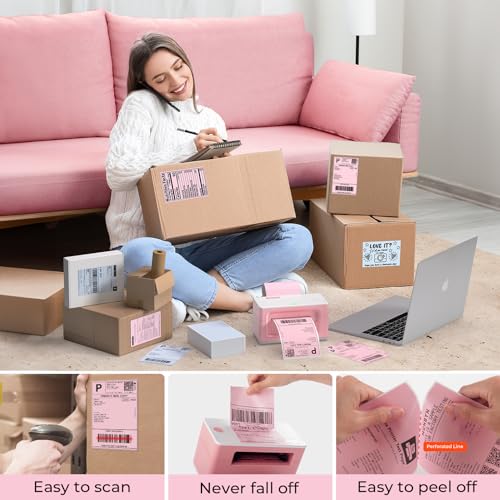 MUNBYN 4x6 Inch Pink Thermal Printer Labels for Packages, 500 Sheets/Stack - color: Pink, size: 4x6*500