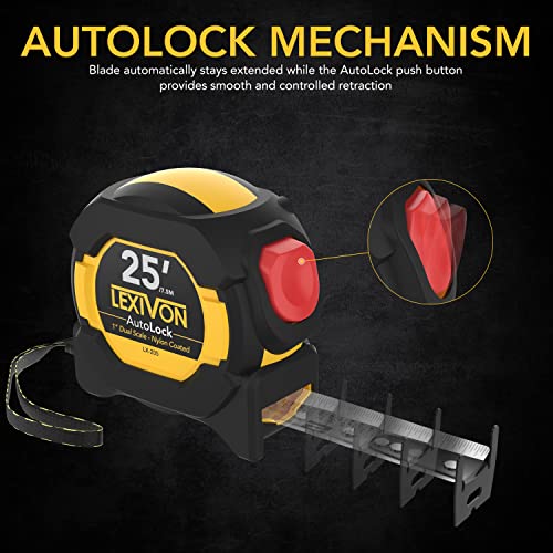 LEXIVON [3-Pack] 25Ft/7.5m AutoLock Tape Measure | 1-Inch Wide Blade with Nylon Coating, Matte Finish White & Yellow Dual Sided Rule Print | Ft/Inch/Fractions/Metric (LX-205X3) - size: 25 ft 3-Pack