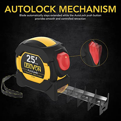 LEXIVON [3-Pack] 25Ft/7.5m AutoLock Tape Measure | 1-Inch Wide Blade with Nylon Coating, Matte Finish White & Yellow Dual Sided Rule Print | Ft/Inch/Fractions/Metric (LX-205X3) - size: 25 ft 3-Pack