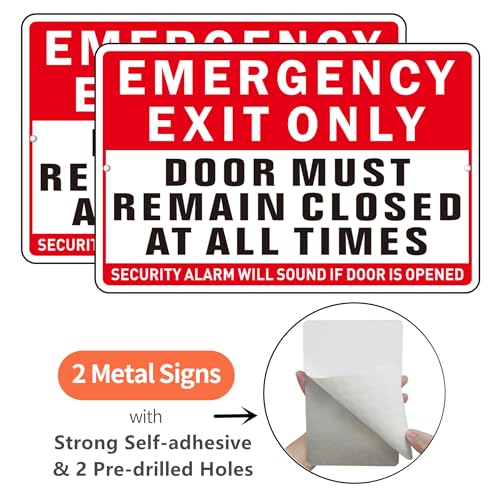 Emergency Exit Only Sign, (2 Pack) Self Adhesive Emergency Exit Sign Sticker for Door, Rust Free and Reflective Aluminum Metal Signs for Wall (9 x 6 inches, Red/White) - color: Red /White