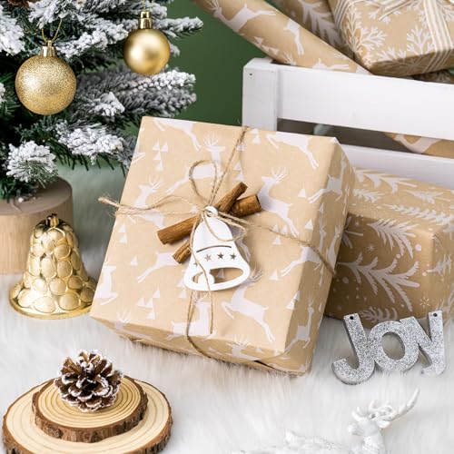 WRAPAHOLIC Kraft Christmas Wrapping Paper Roll - Mini Roll - 3 Rolls - 17 Inch X 120 Inch Per Roll - White Christmas Tree, Reindeer, Snowflake Holiday Collection - color: Kraft - White