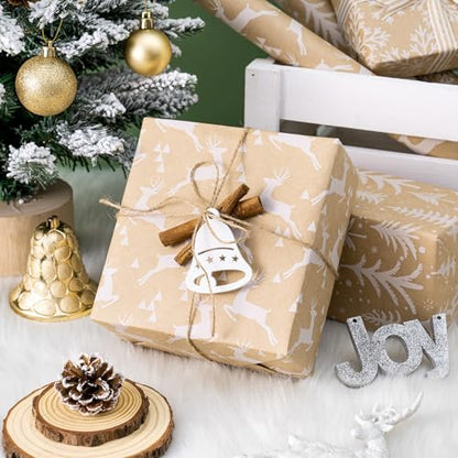 WRAPAHOLIC Kraft Christmas Wrapping Paper Roll - Mini Roll - 3 Rolls - 17 Inch X 120 Inch Per Roll - White Christmas Tree, Reindeer, Snowflake Holiday Collection - color: Kraft - White