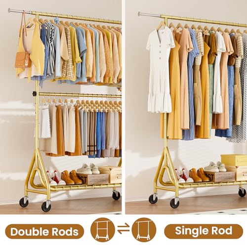 Heavy Duty Clothes Rack for Hanging Clothes, Double Rods Clothing Rack with Lockable Wheels, Rolling Garment Racks with Shelf, Easy to Assemble, Gold - color: Gold, size: Doule Rods
