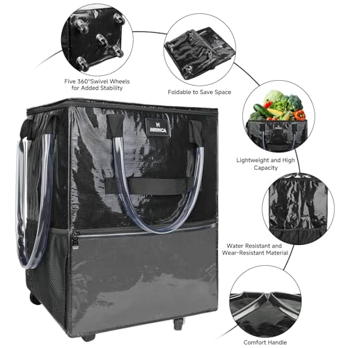 Reusable Grocery Bag on Wheels, Foldable Rolling Tote Bag with 6 Pockets - color: Black, size: Small