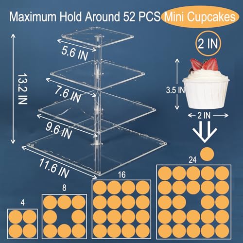 4 Tier Cupcake Stand Cupcake Holder with LED, Acrylic Square Cupcake Tower