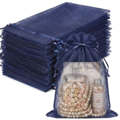 FUNFERY 100PCS Navy Blue Sheer Organza Bags 5x7 in, Goodie Bags Bulk - color: Navy Blue
